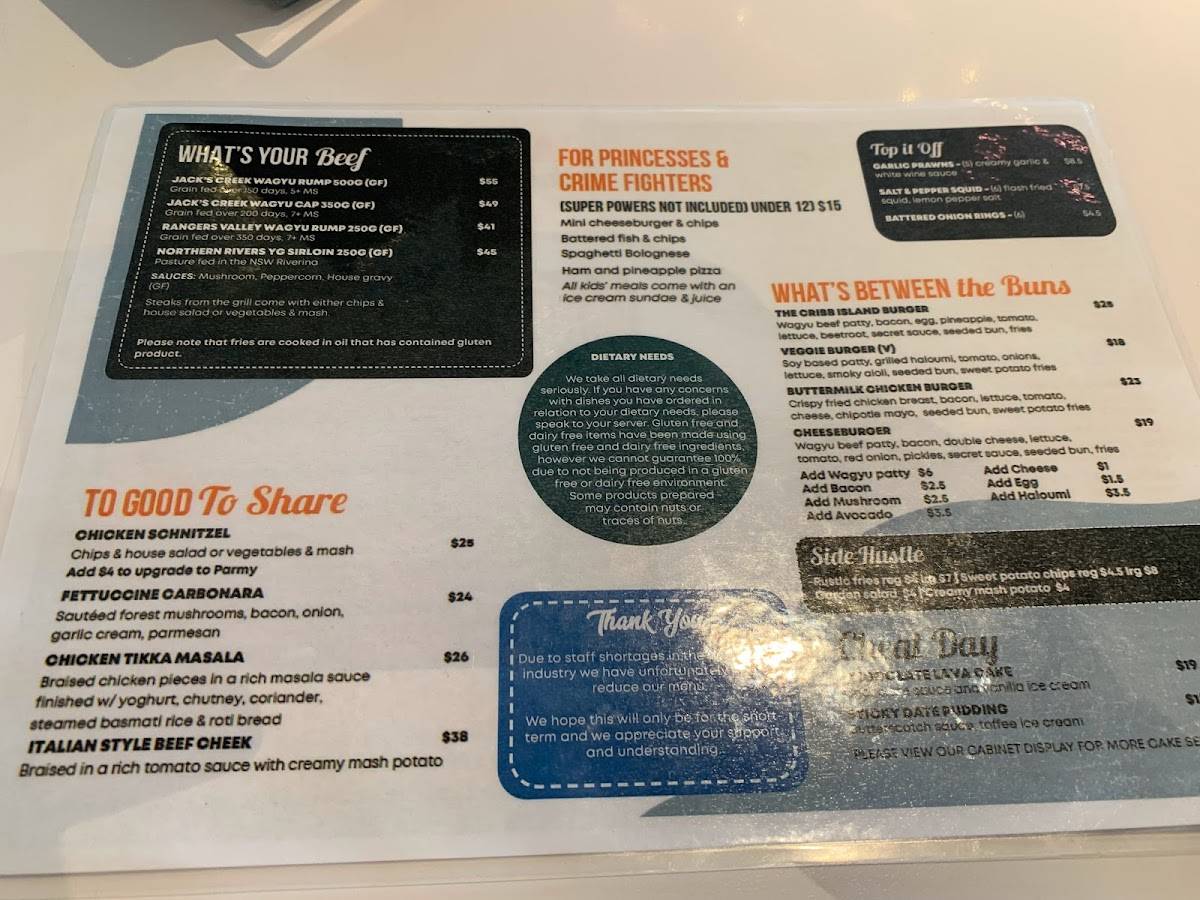 Menu at Cribb Island Beach Club, Brisbane Airport