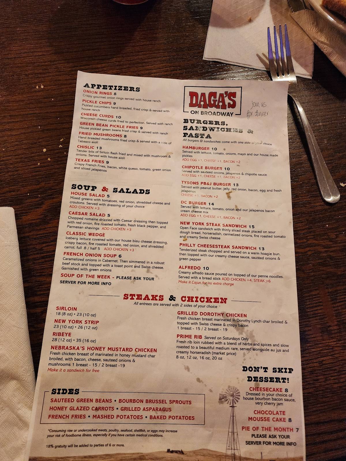 Menu at Dagas on Broadway Sports Bar, Dakota City