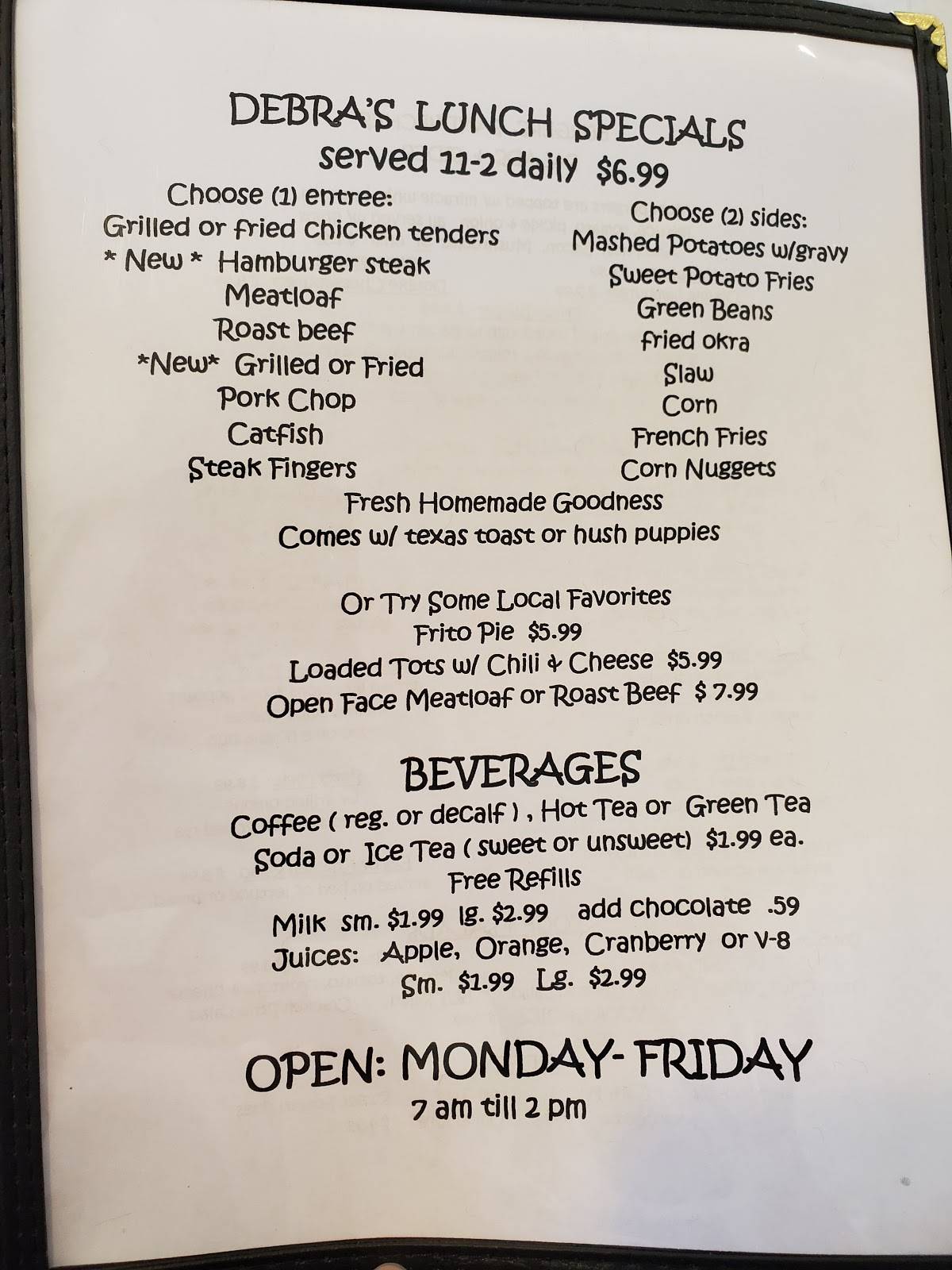 Menu at Debra's Good Eats restaurant, Hot Springs Village