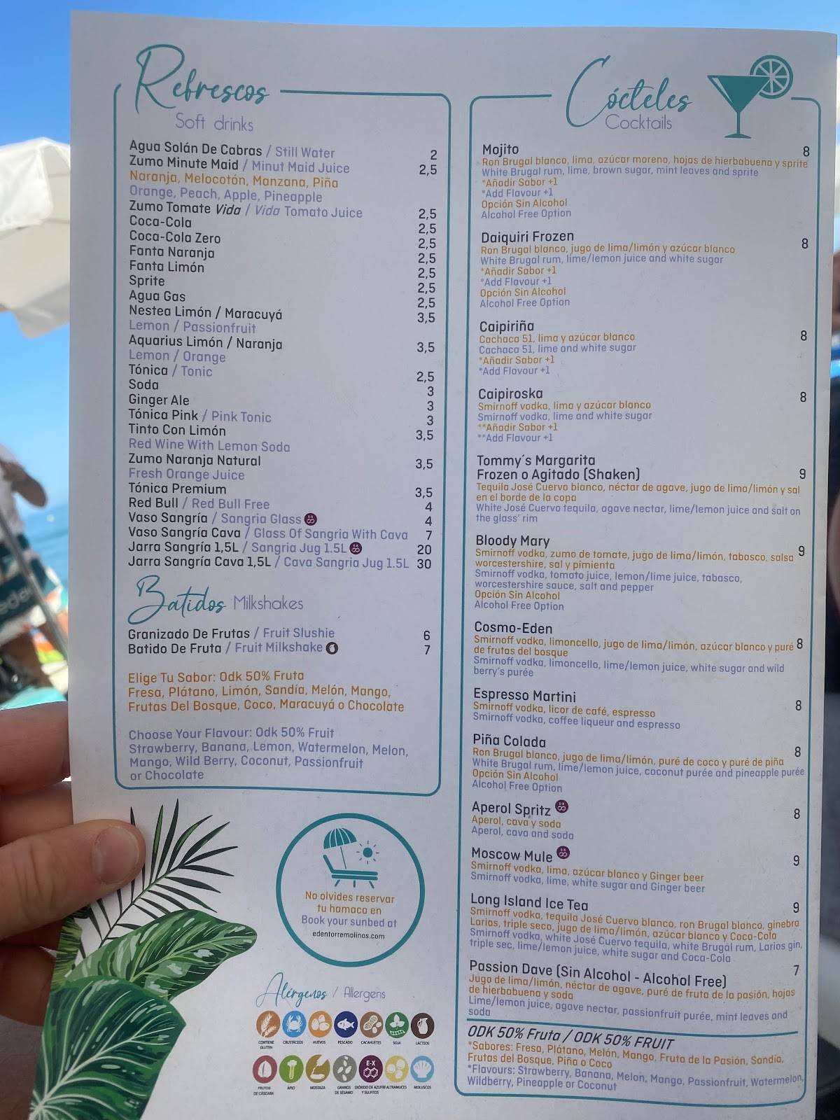 Menu at Eden Beach Club, Torremolinos