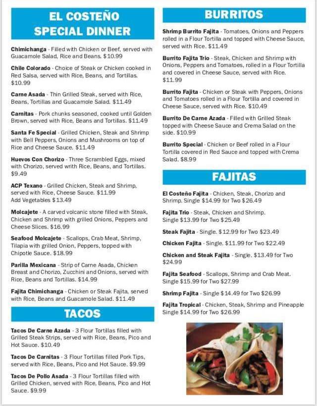 Menu at El Costeno Mexican Restaurant, Beverly