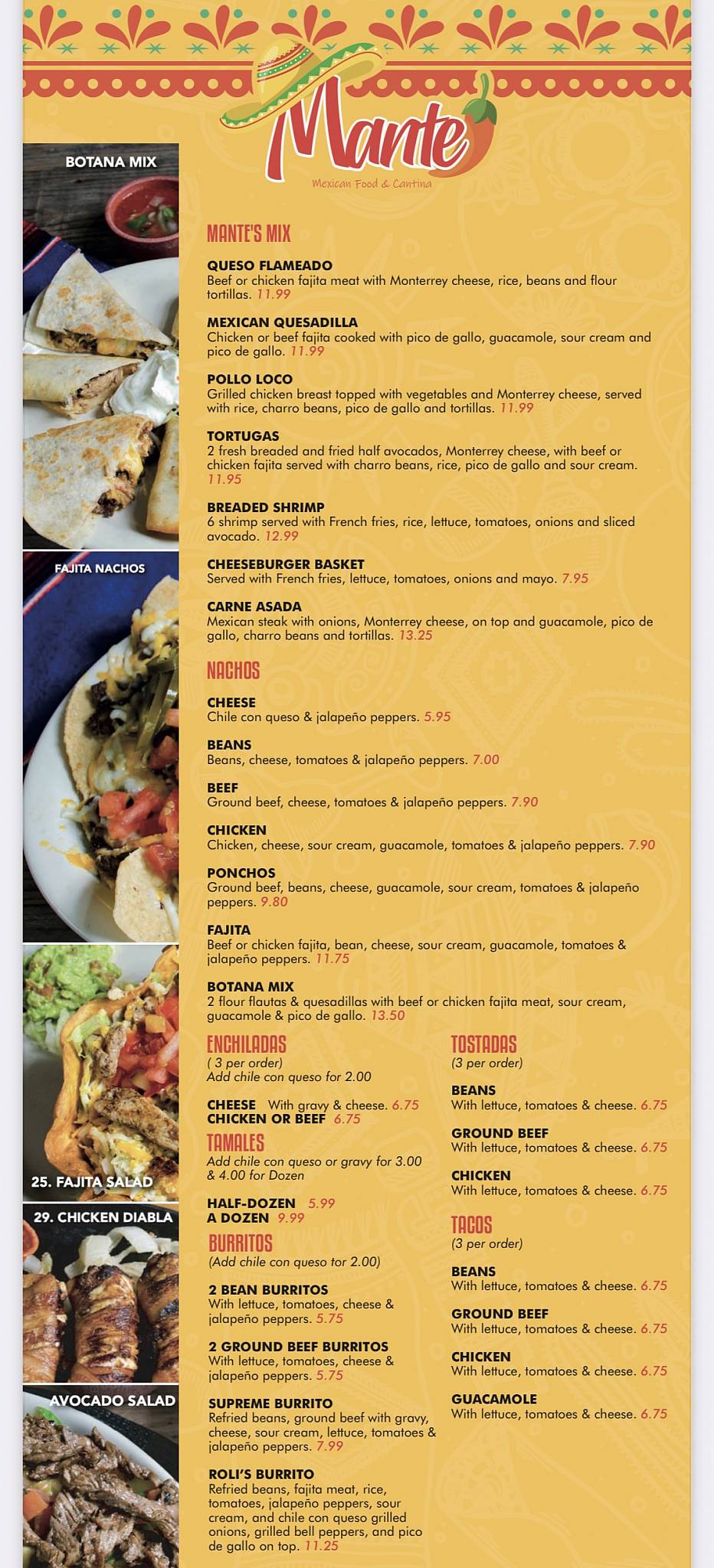 Menu at El Mante restaurant, Onalaska, U.S. Hwy 190