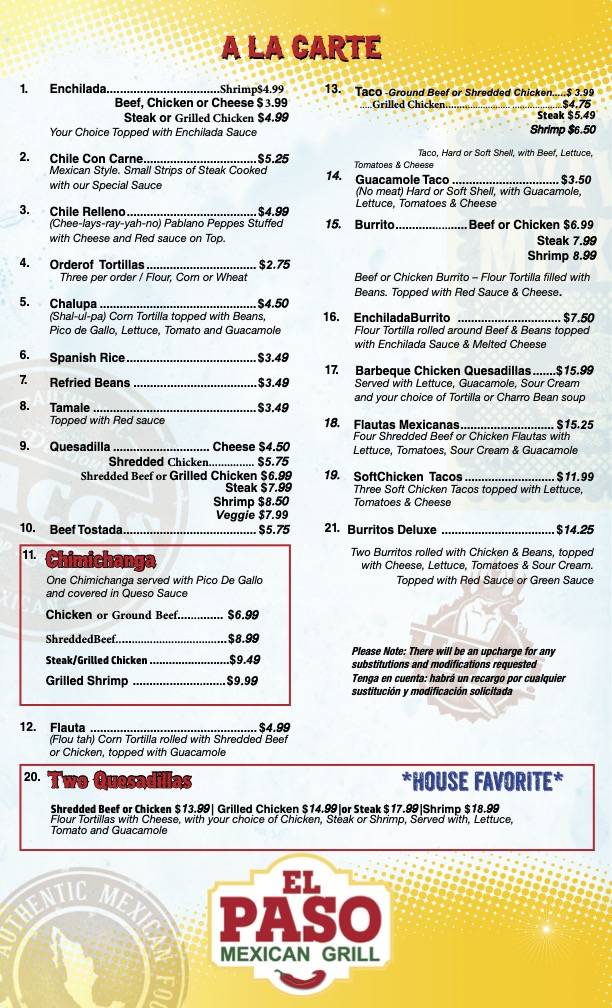 Menu at El Paso Mexican Grill restaurant, Gonzales