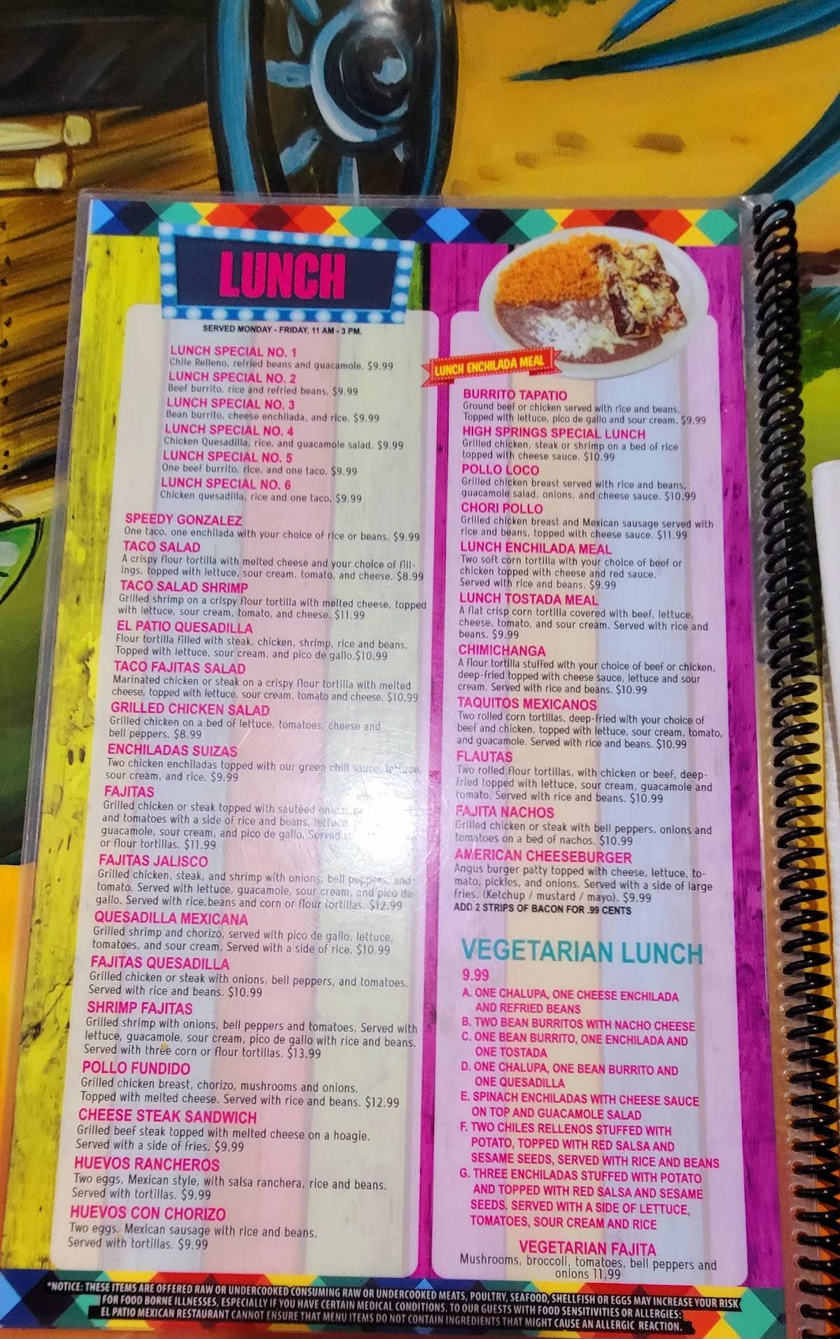 Menu at El Patio restaurant, Alachua