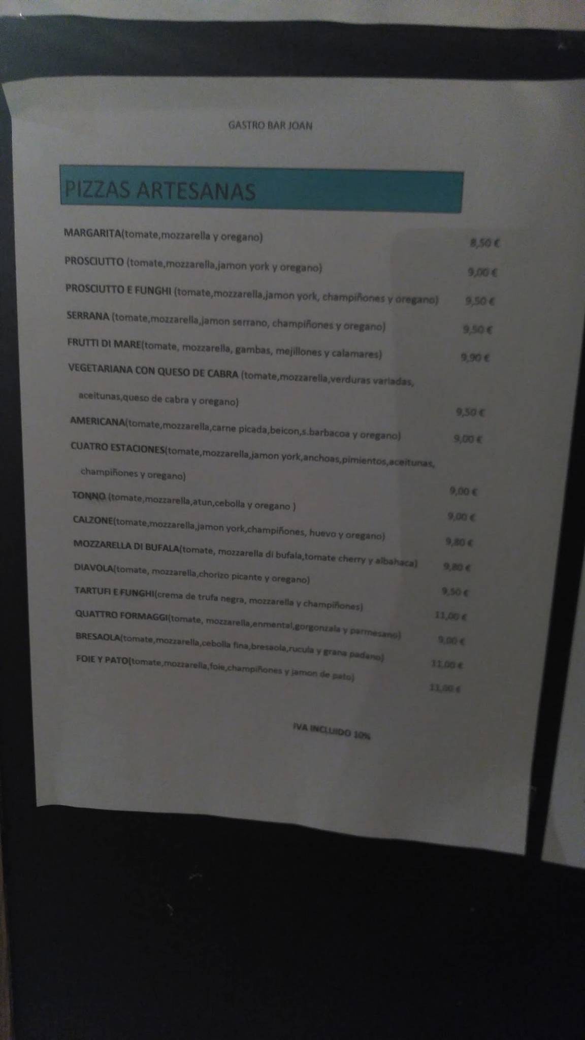 Carta del restaurante El Patio, Alcocéber
