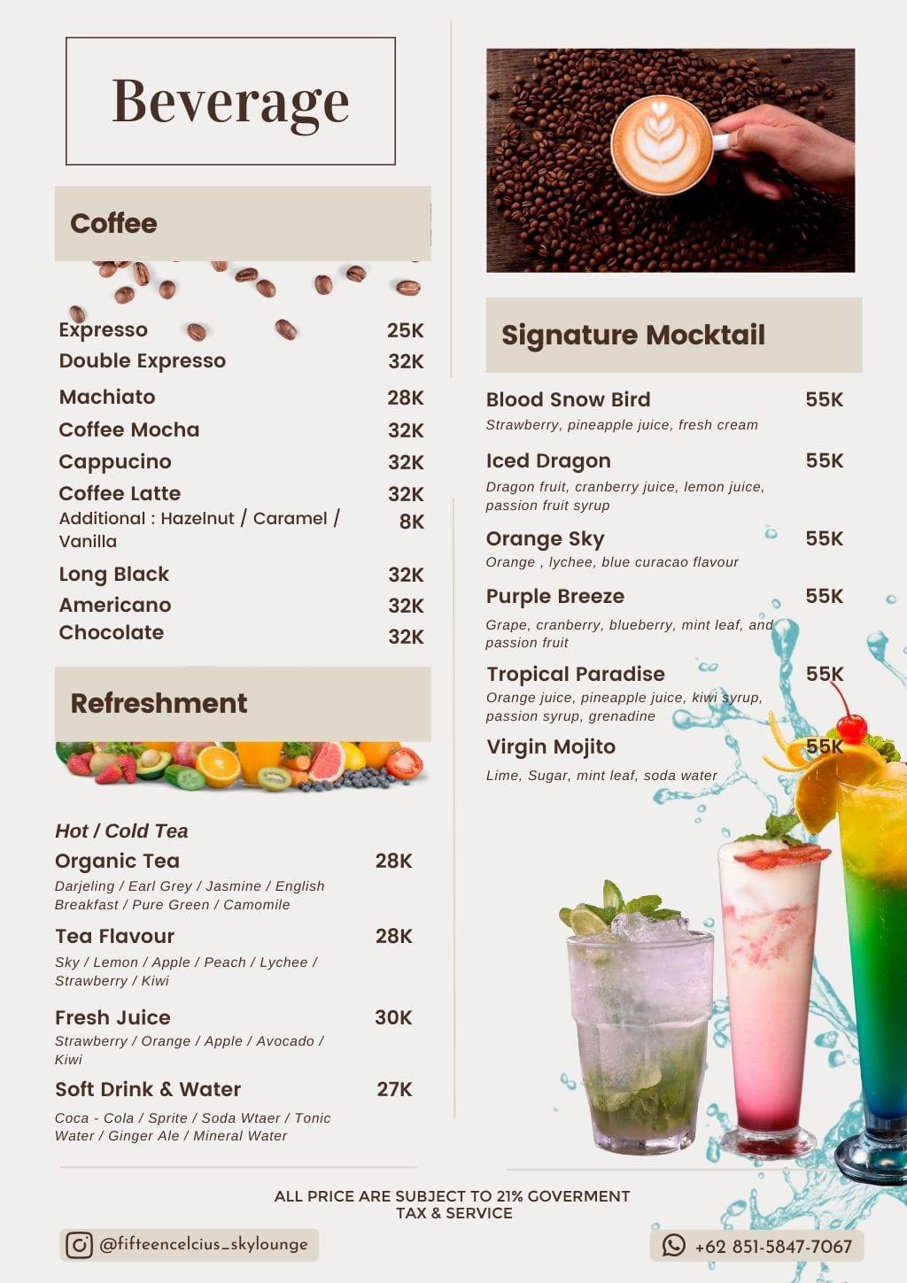 Menu at Fifteen Celcius Skylounge cafe, Batu