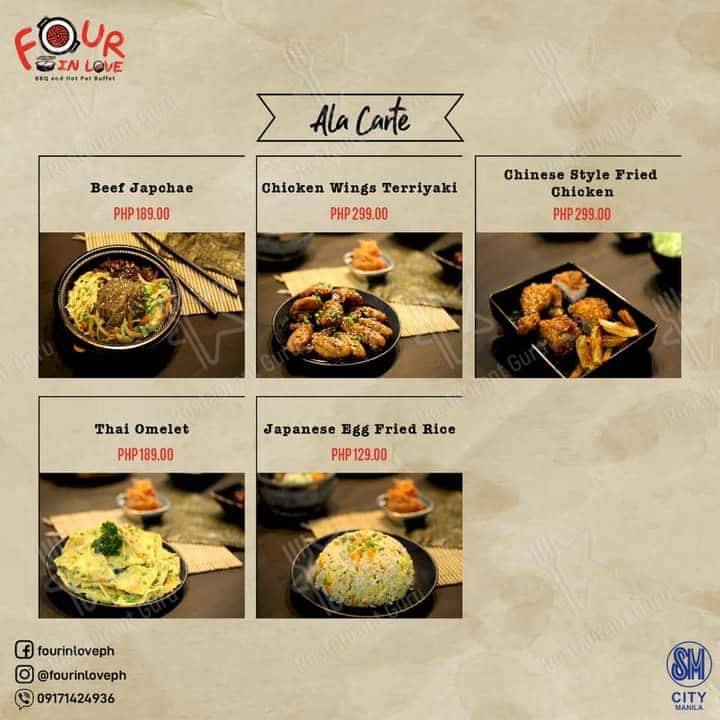 Carta de Four in Love BBQ and Hot Pot Buffet, Manila