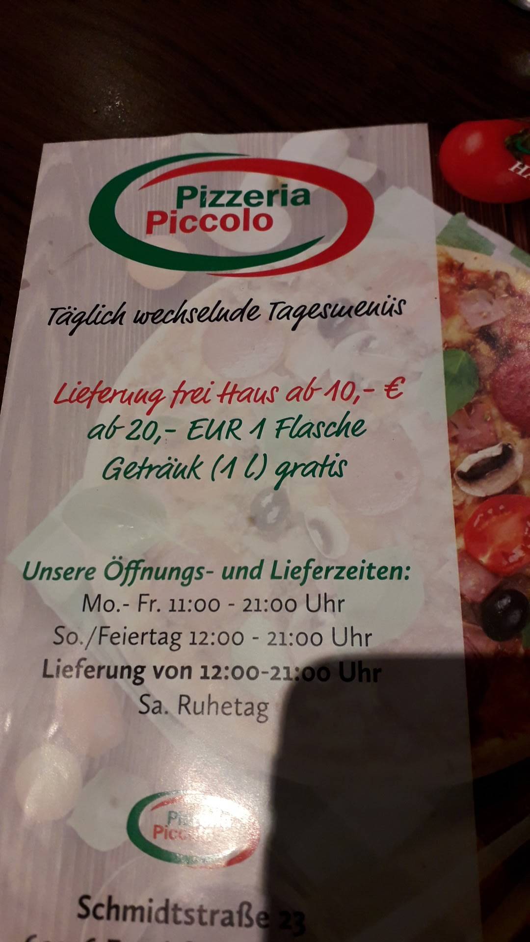 Menu au Pizzeria Piccolo, Francfort, Schmidtstraße 23