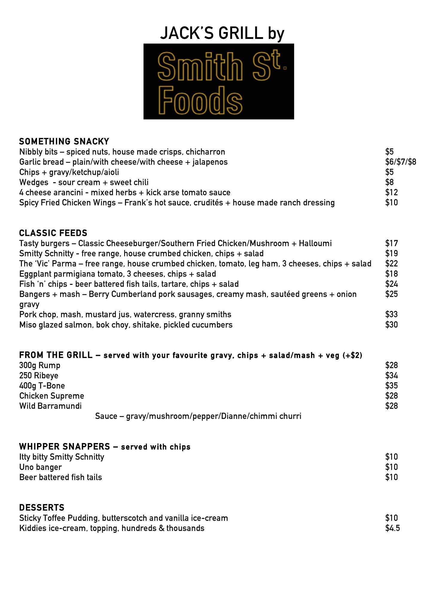 Menu at Jack's Grill by SMITH ST. FOODS pub & bar, Gerringong, 29