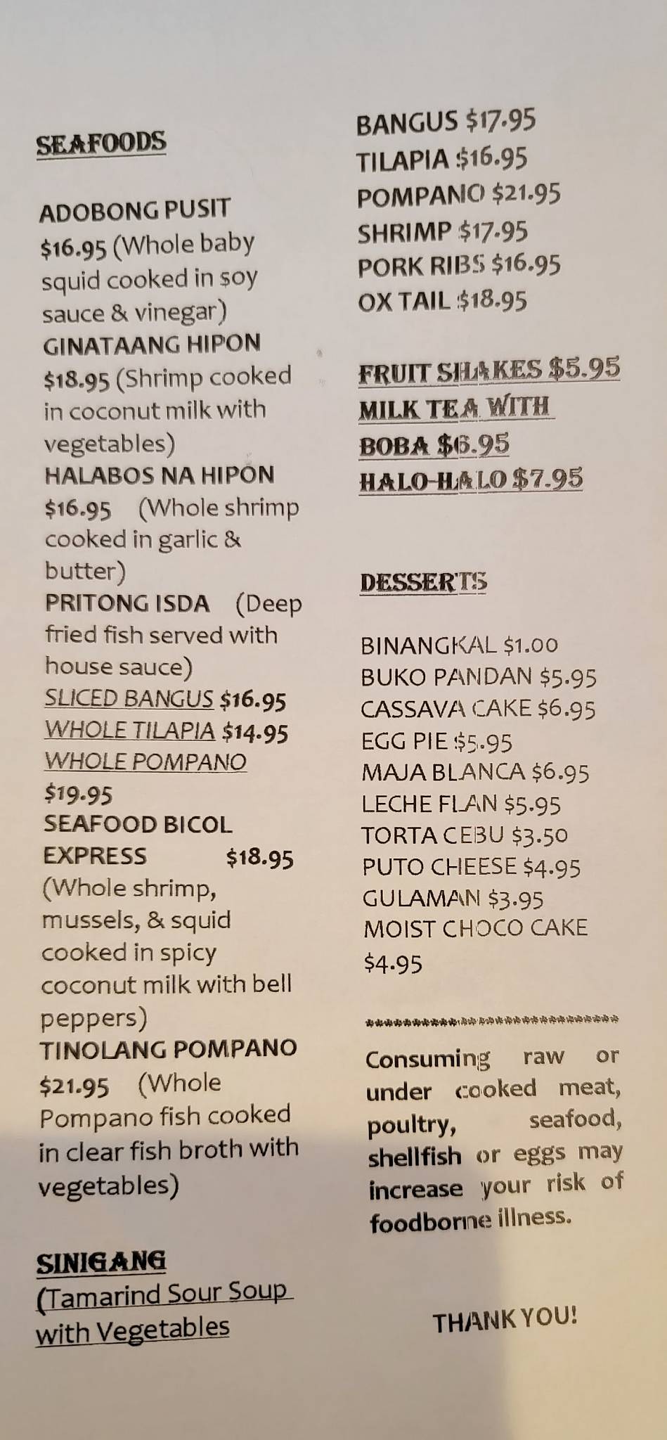 Menu at Gold Digger Filipino Restaurant, Juneau