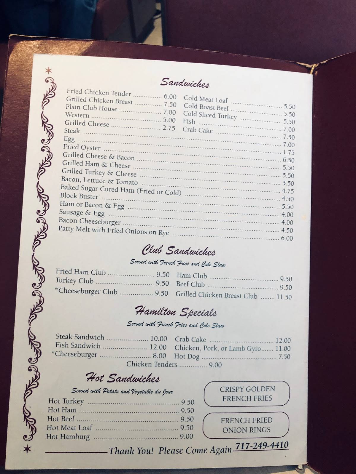 Menu at Hamilton Restaurant, Carlisle