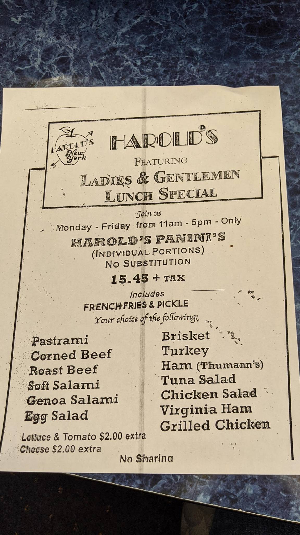 Menu at Harold's New York Deli restaurant, Edison, King Post Rd