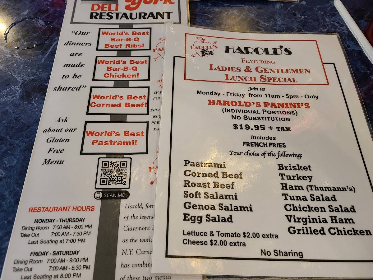 Menu at Harold's New York Deli restaurant, Edison, King Georges Post Rd