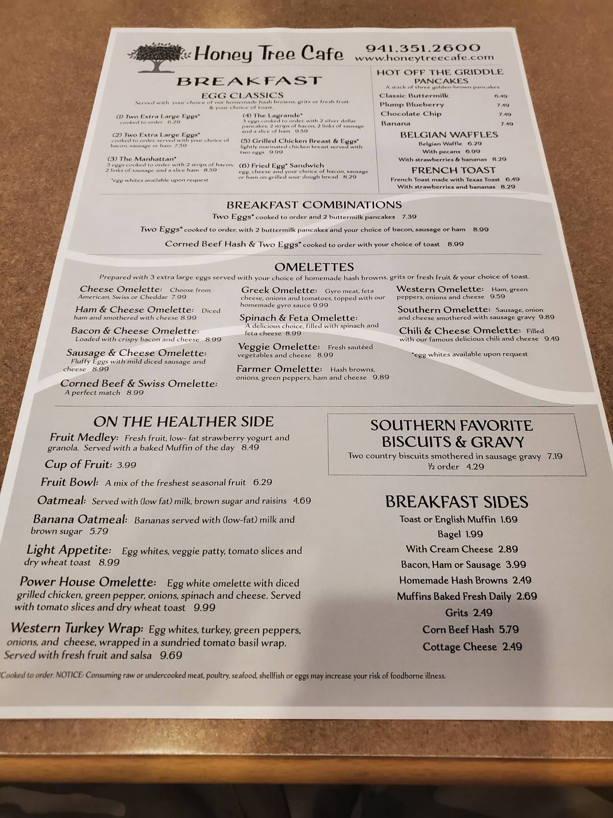 Menu at Honey Tree Cafe, Sarasota