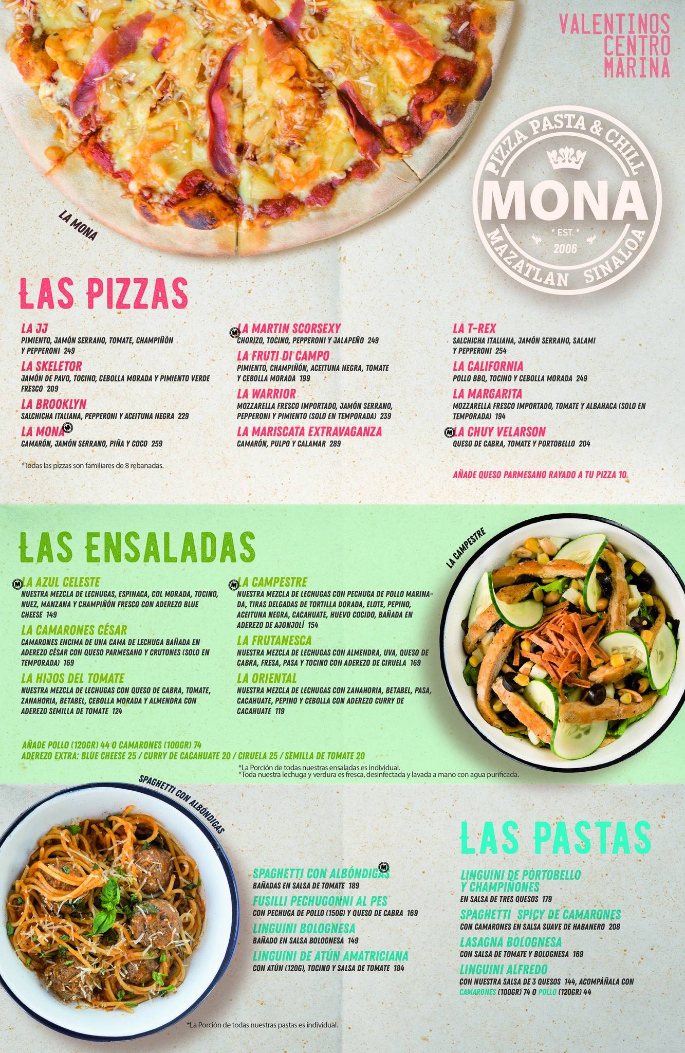 Menu at La Mona Pizza pizzeria, Mazatlán, Vicente Guerrero 213