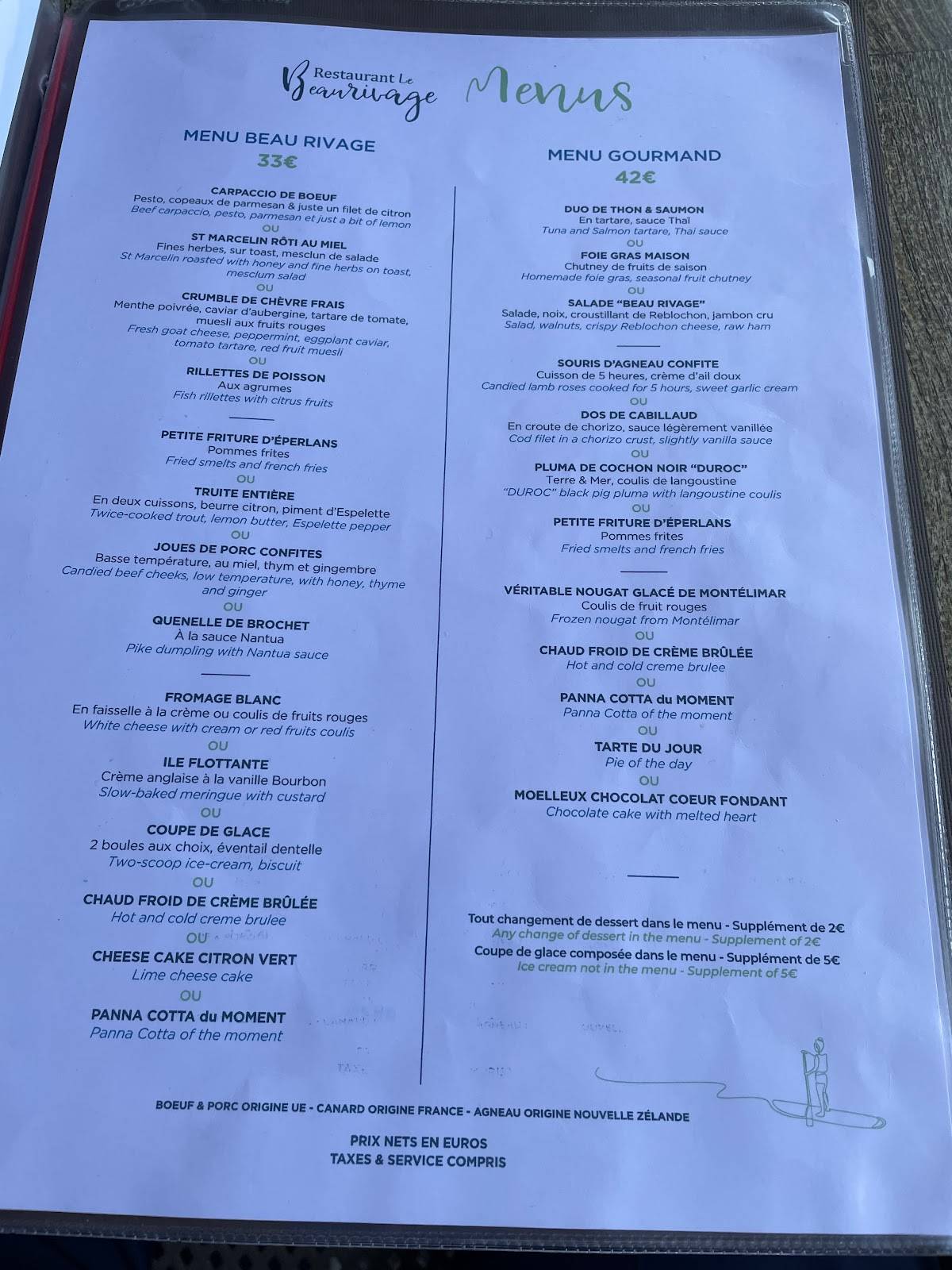 Menu au Le Beau Rivage restaurant, AiguebeletteleLac