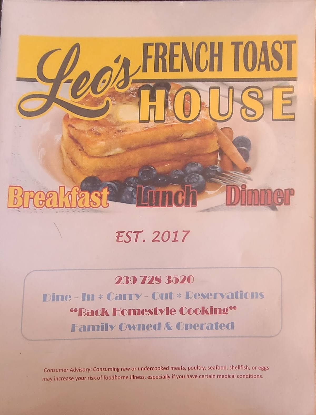 Menu at Leo's French Toast House restaurant, Alva