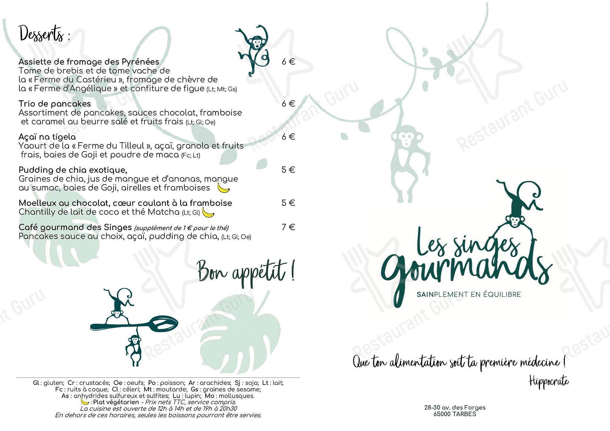 Menu au Les Singes Gourmands restaurant, Tarbes