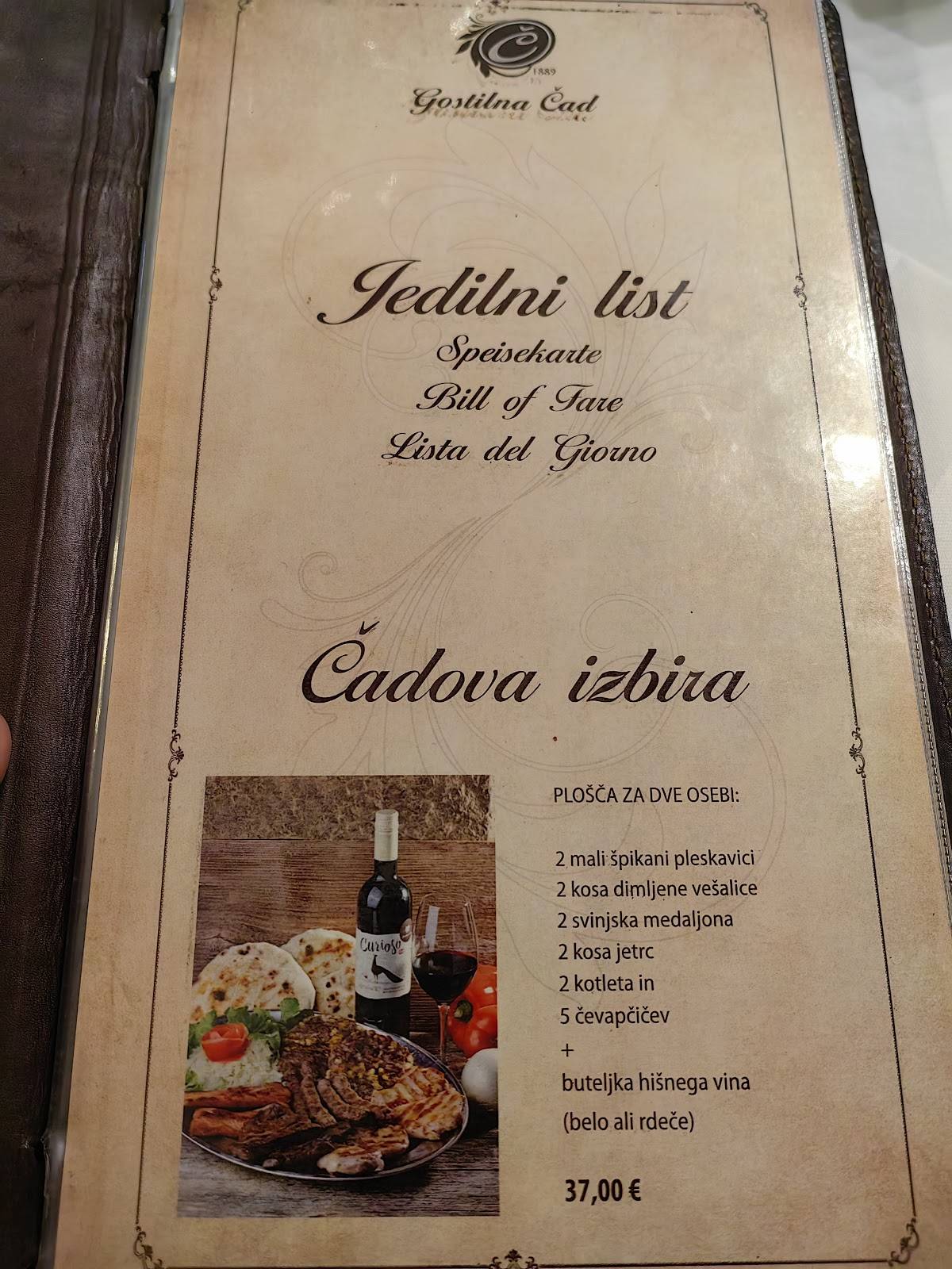 Menu at Čad restaurant, Ljubljana