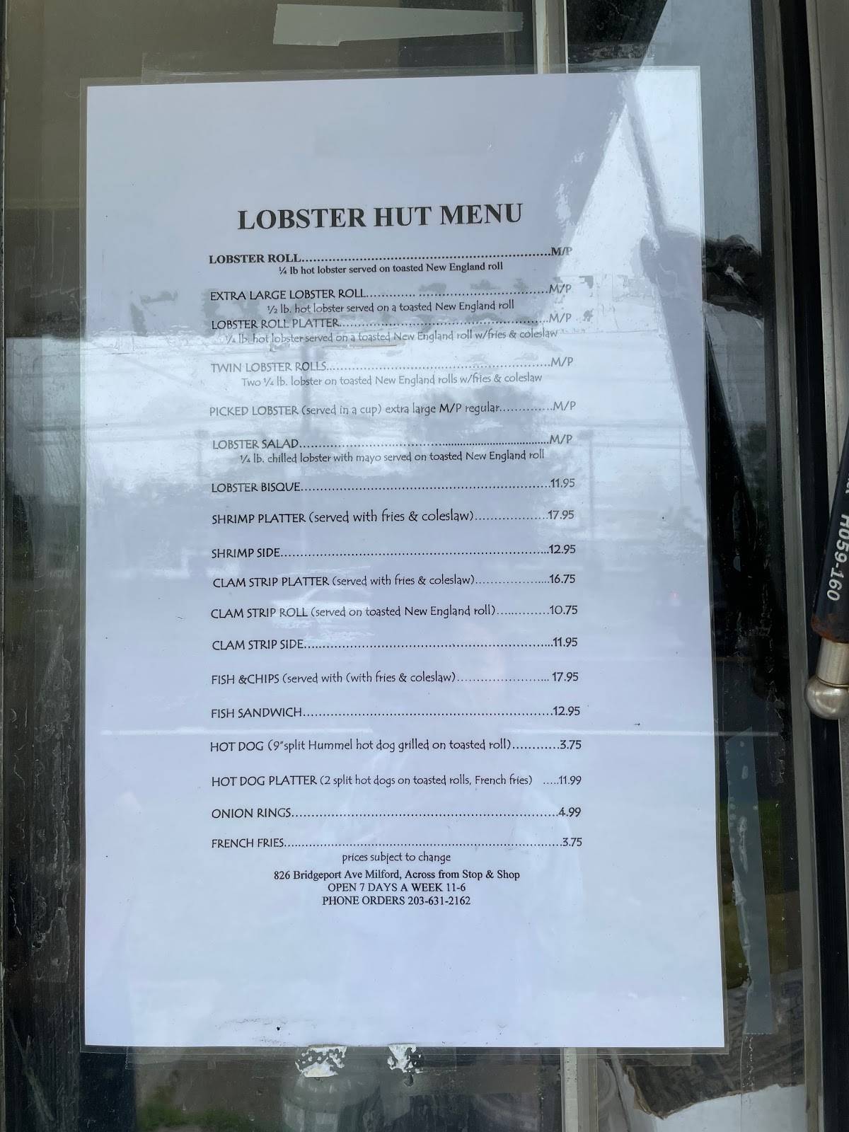 Menu at Lobster Hut restaurant, Milford