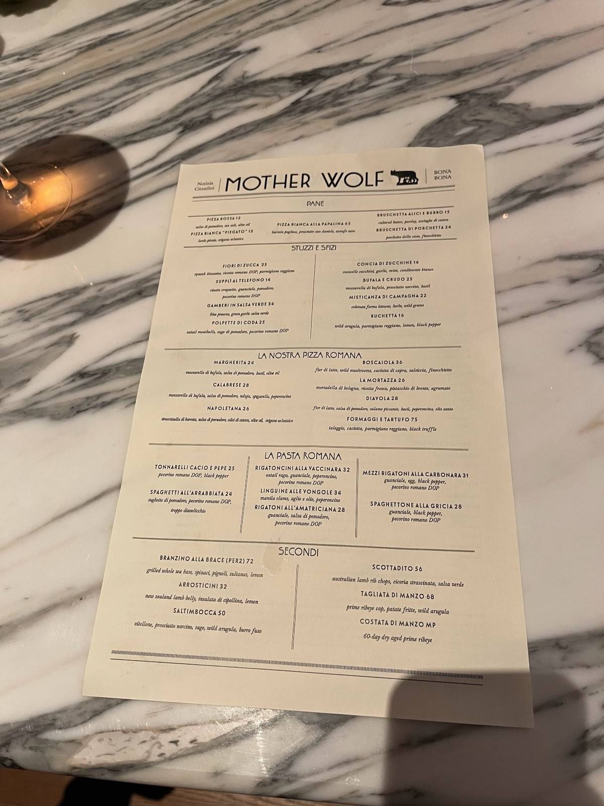 Menu at Mother Wolf restaurant, Los Angeles