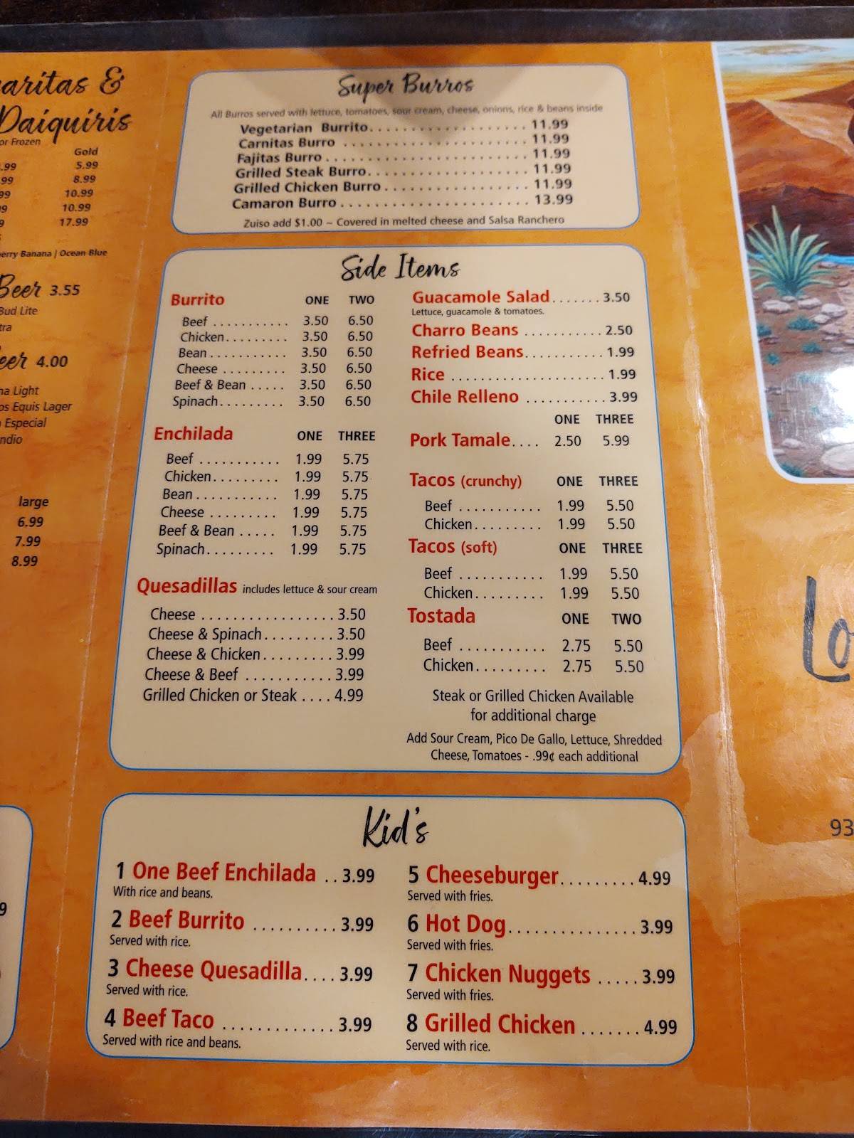 Menu at Los Cantaritos Mexican Grille restaurant, Medina