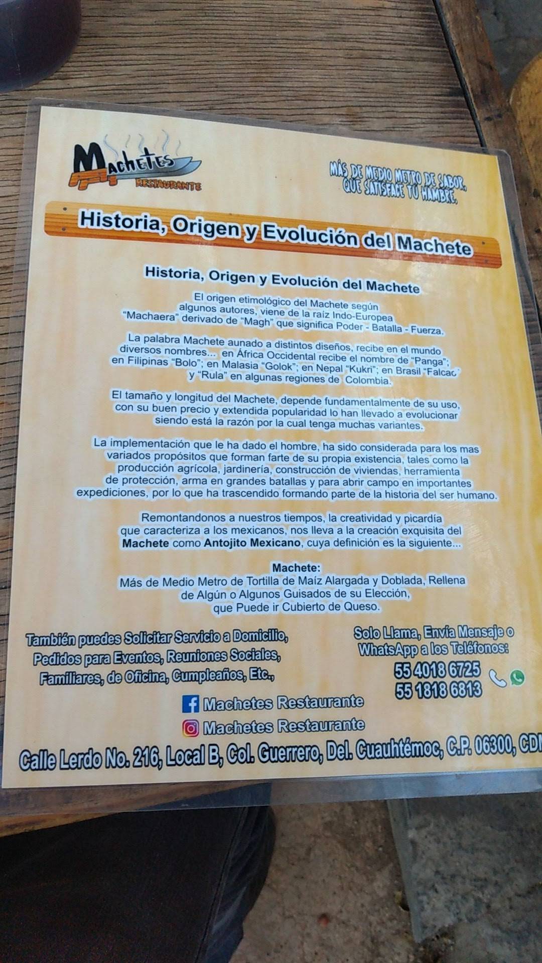 Carta del restaurante Los Machetes del la Guerrero, Mexico, Lerdo 186