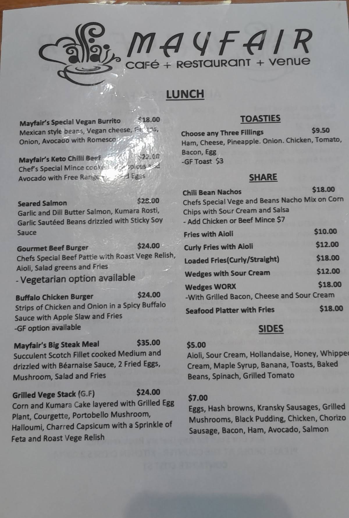 Menu at Mayfair Cafe & Oasis Bar, Upper Hutt