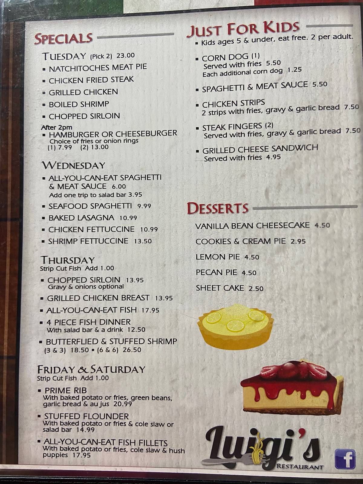 Menu at Luigi's Restaurant, Arcadia, N Railroad Ave