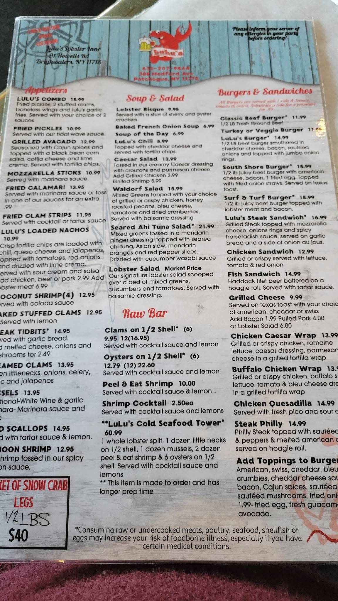 Menu at Lulu’s Lobster & Wing Shack restaurant, Patchogue