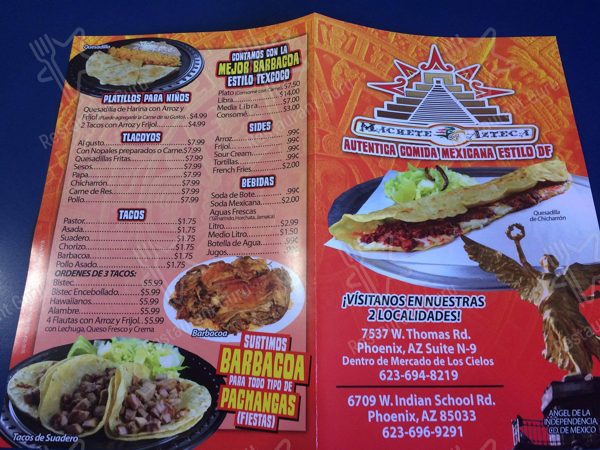 Menu at Machete Azteca restaurant, Phoenix, W Indian School Rd
