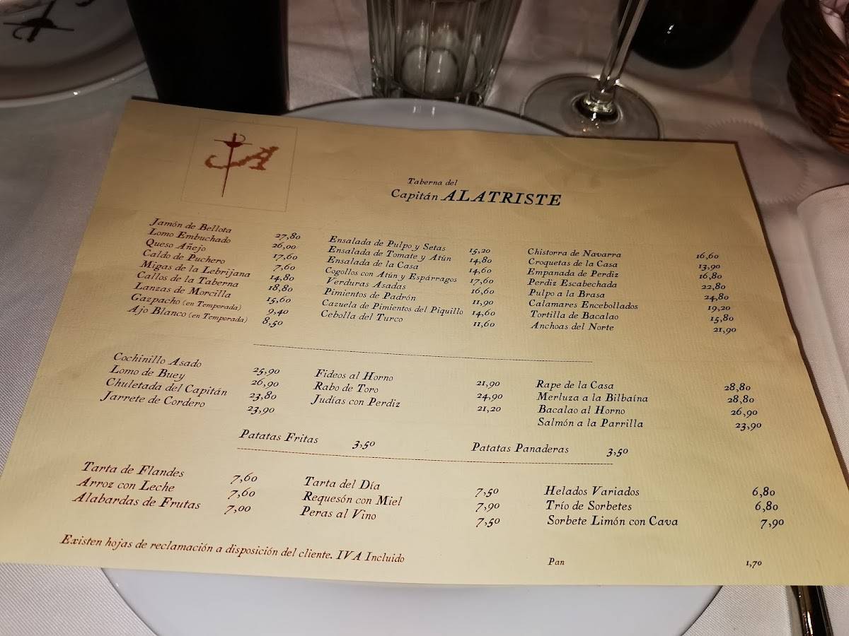 Carta del restaurante Taberna del Capitán Alatriste Madrid