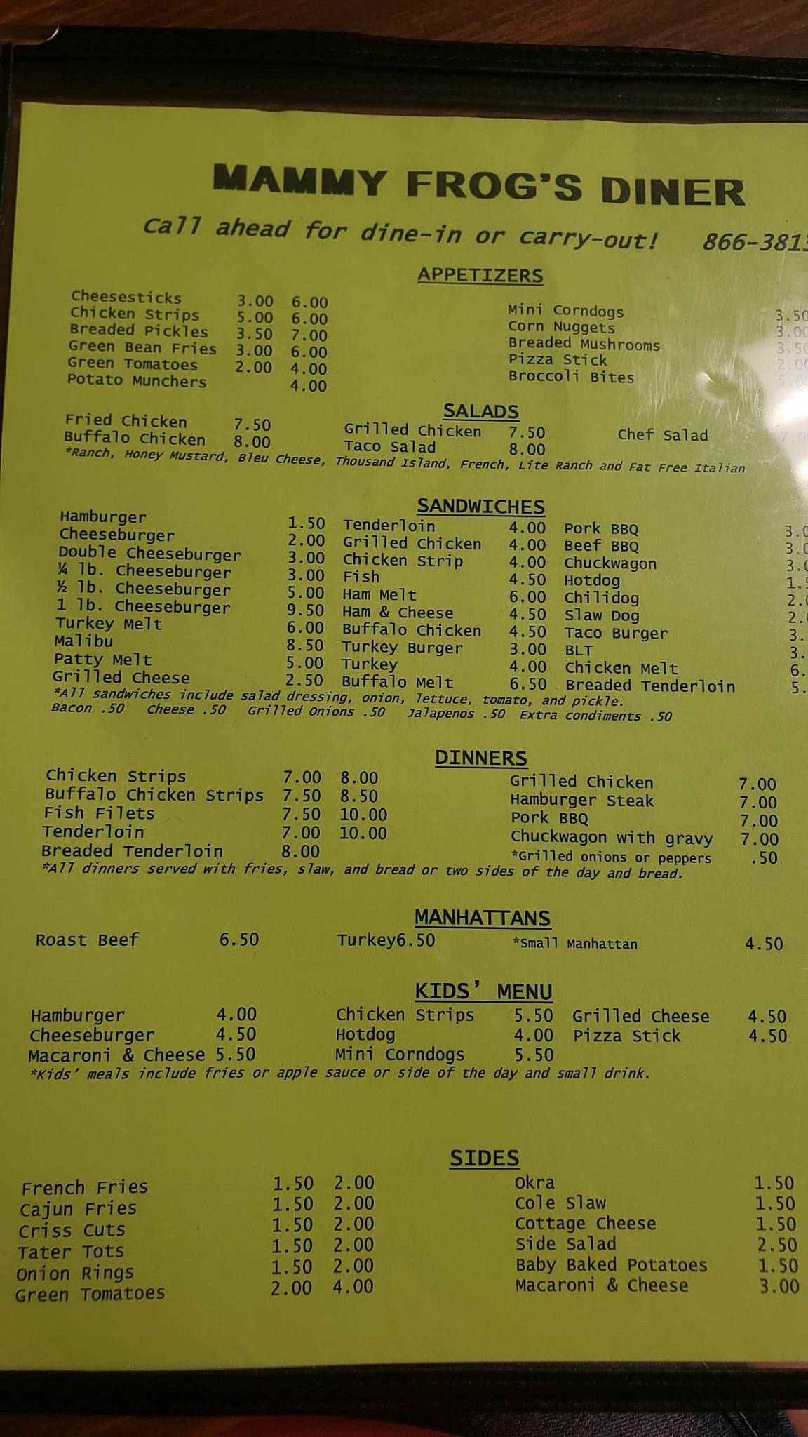 Menu at Mammy Frog's Diner restaurant, Russell Springs