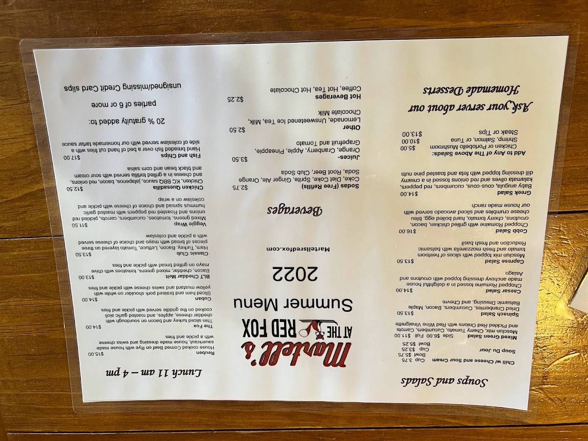 Menu at Martell's at the Red Fox restaurant, Cambridge