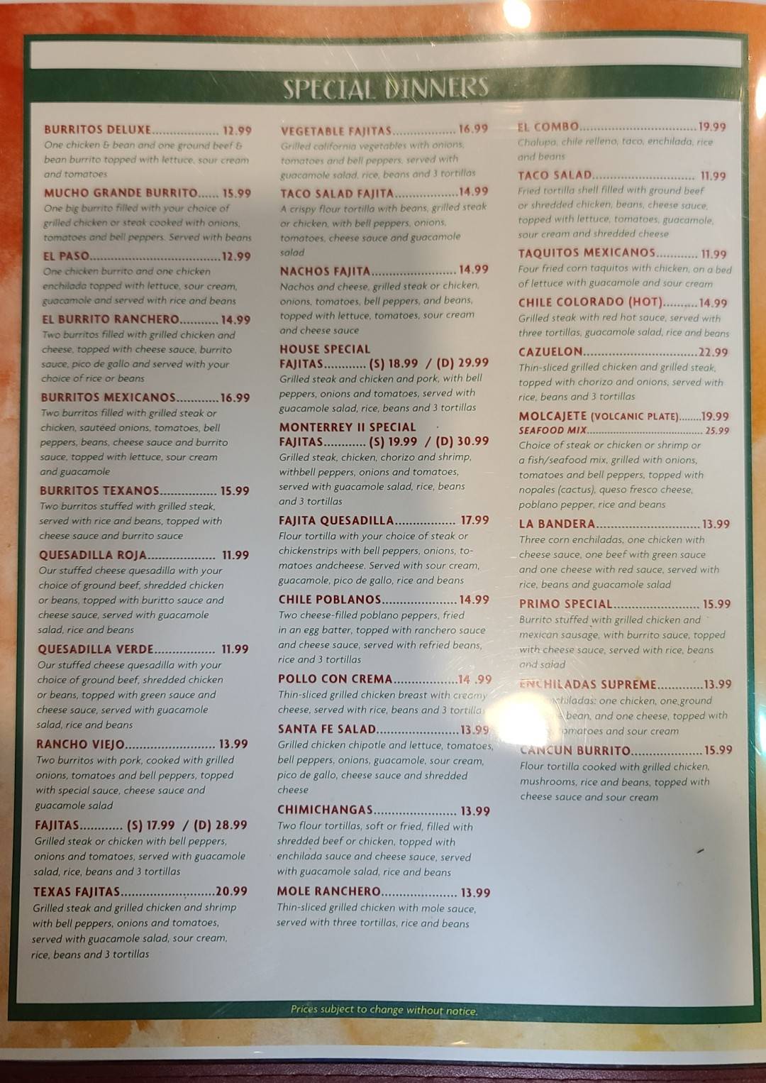 Menu at Monterrey's Mexican Restaurant, Newark