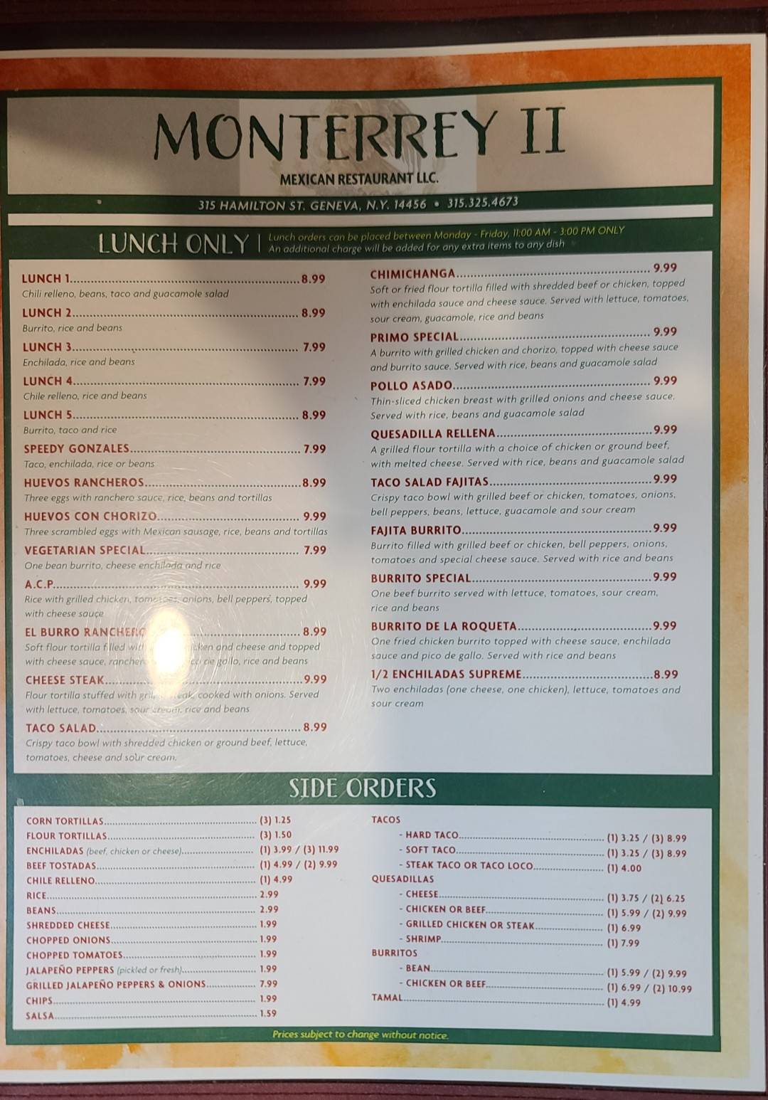 Menu at Monterrey's Mexican Restaurant, Newark