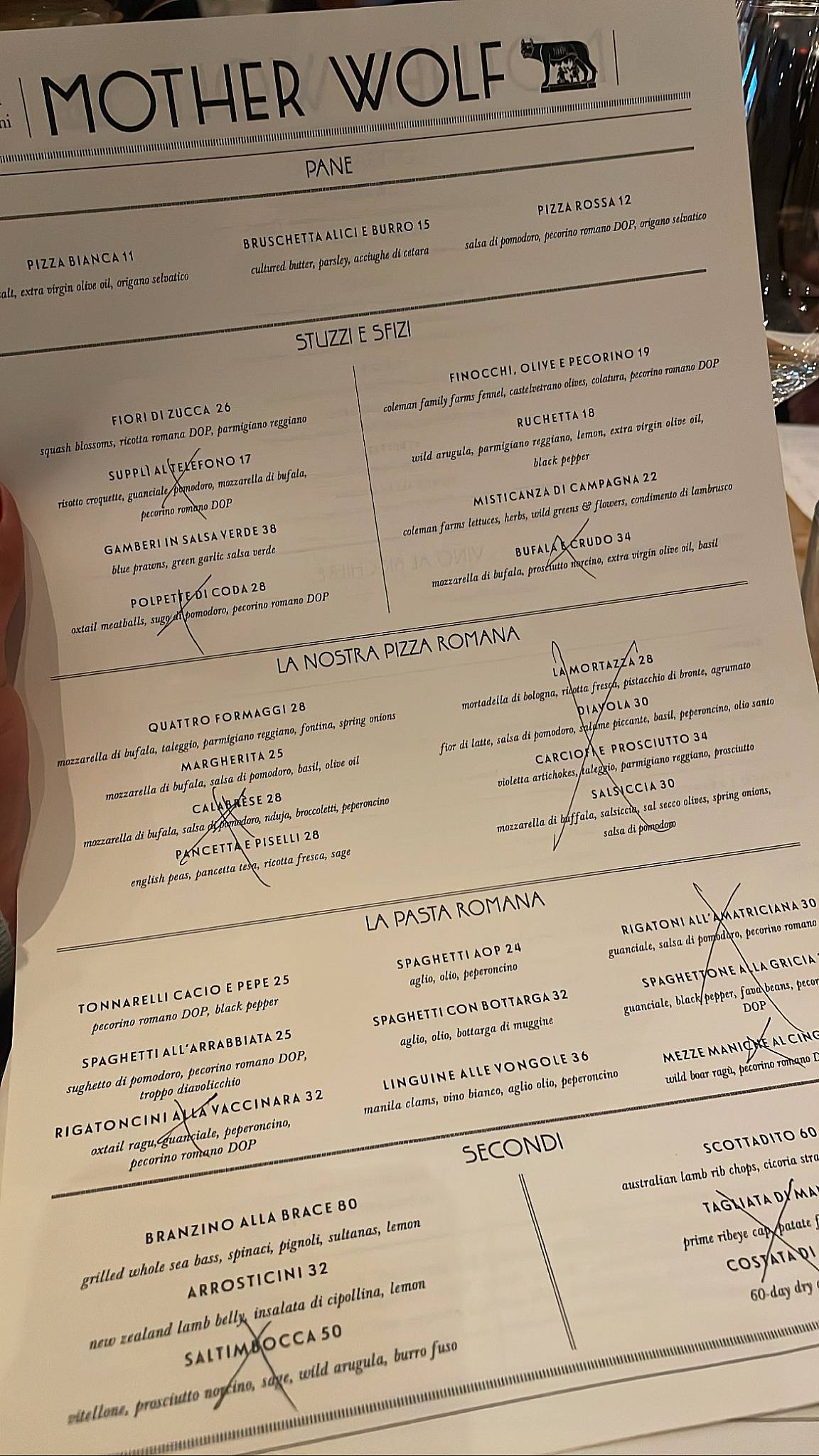 Menu at Mother Wolf restaurant, Los Angeles