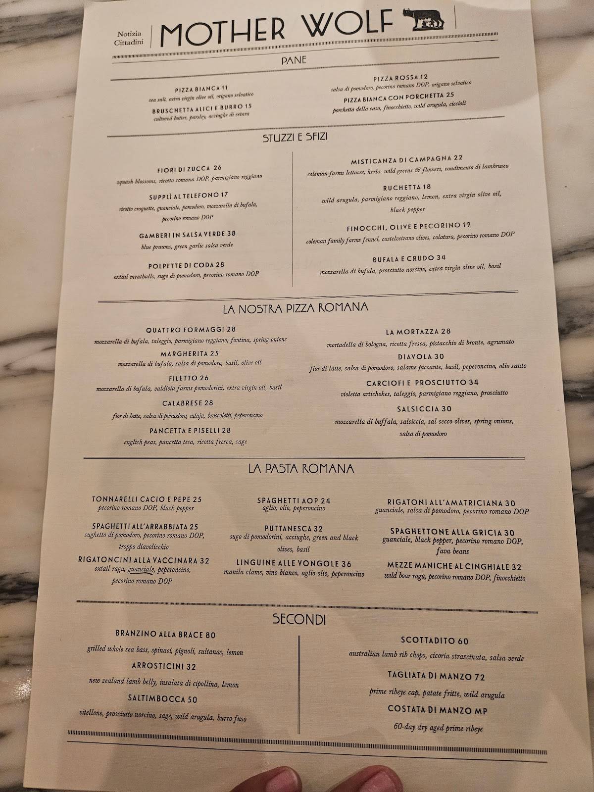 Menu at Mother Wolf restaurant, Los Angeles