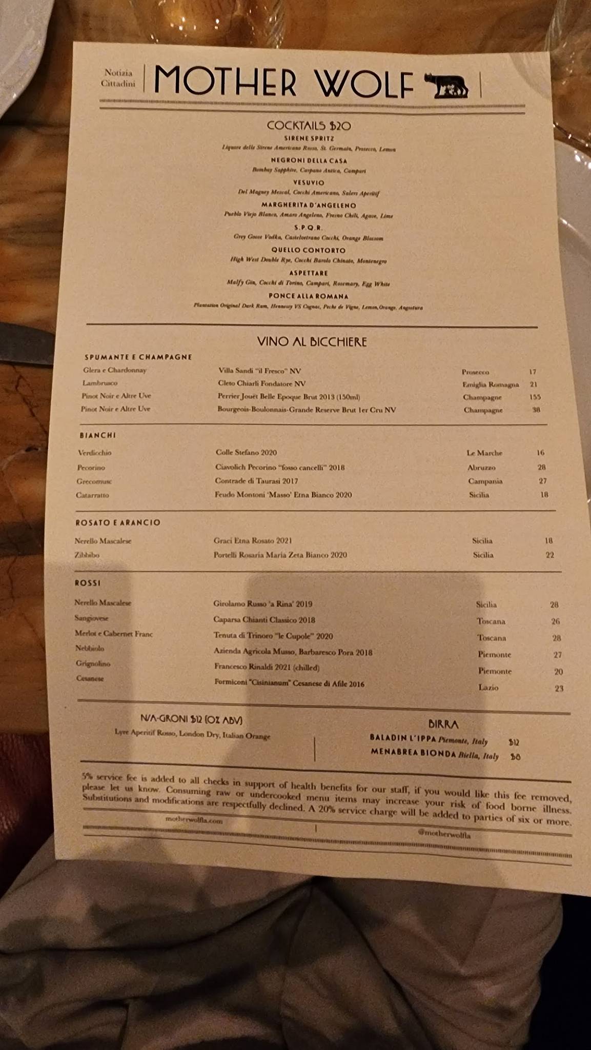 Menu at Mother Wolf restaurant, Los Angeles