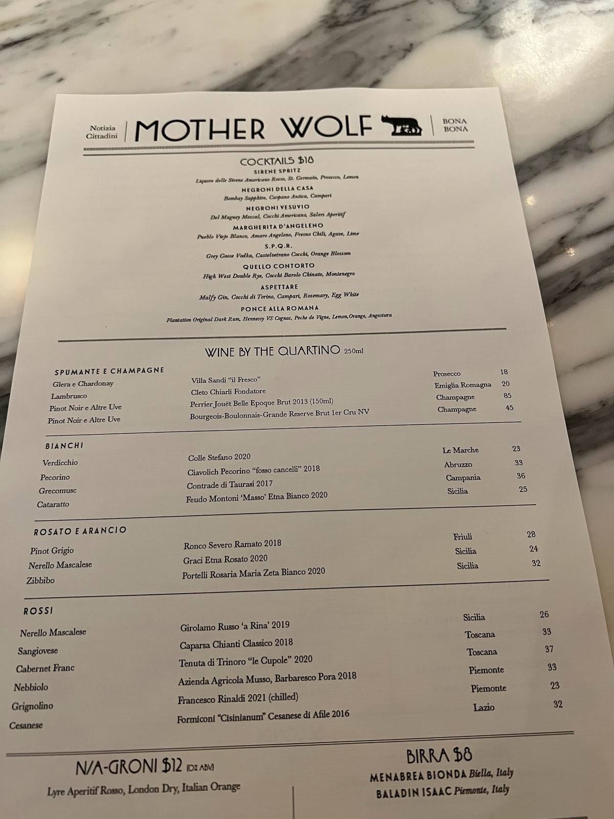 Menu at Mother Wolf restaurant, Los Angeles