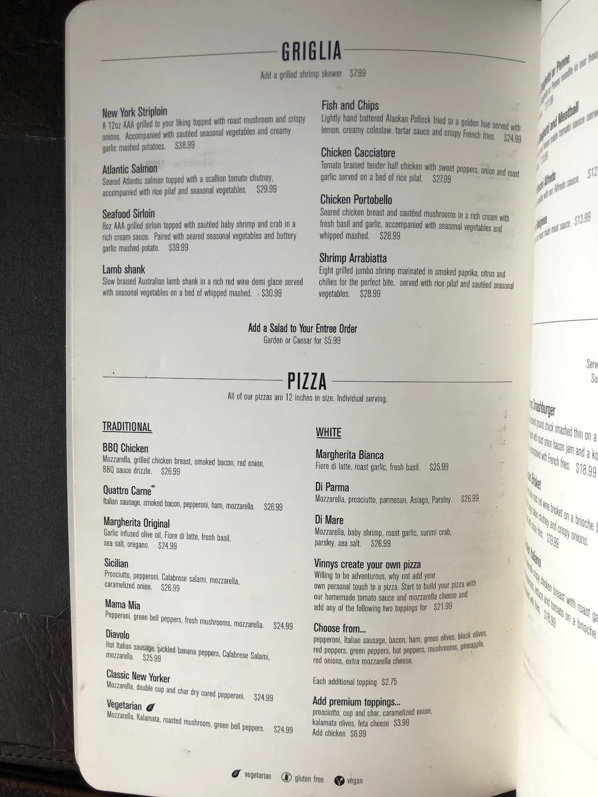 Menu at My Cousin Vinny's steakhouse, Niagara Falls