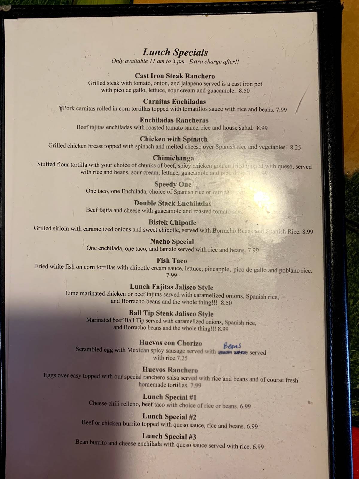 Menu at Nacho's restaurant, Cabot