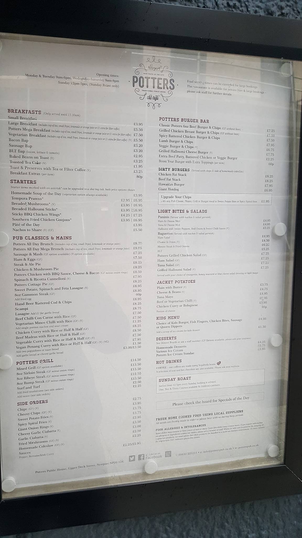 Menu at The Potters pub & bar, Newport