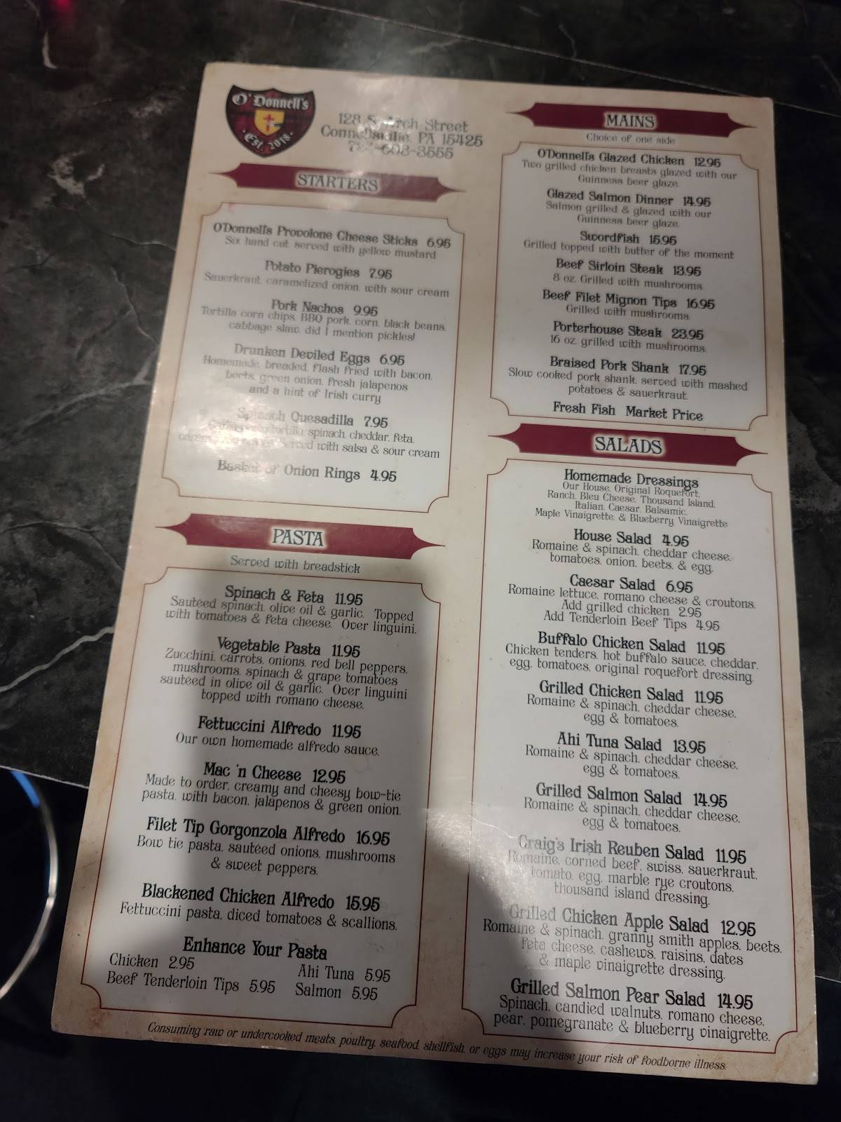 Menu at O'Donnell's Pub, Connellsville