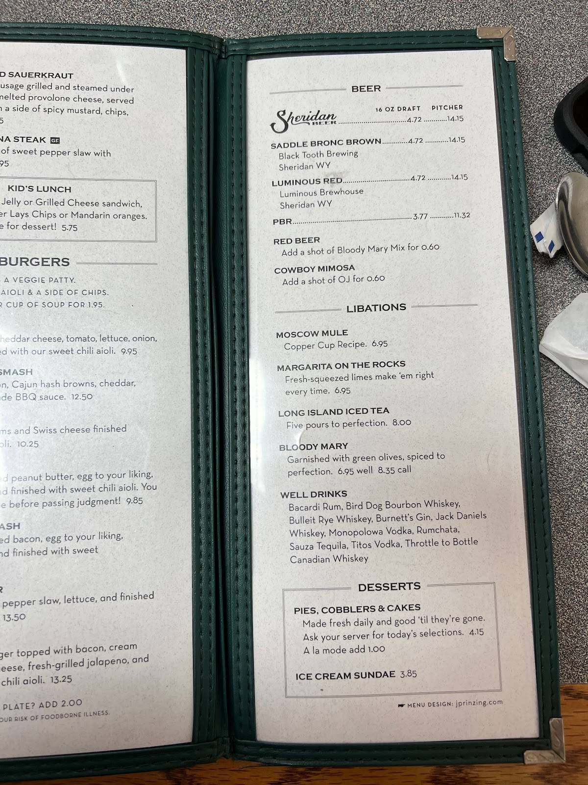 Menu at P.O. News & Flagstaff Cafe, Sheridan