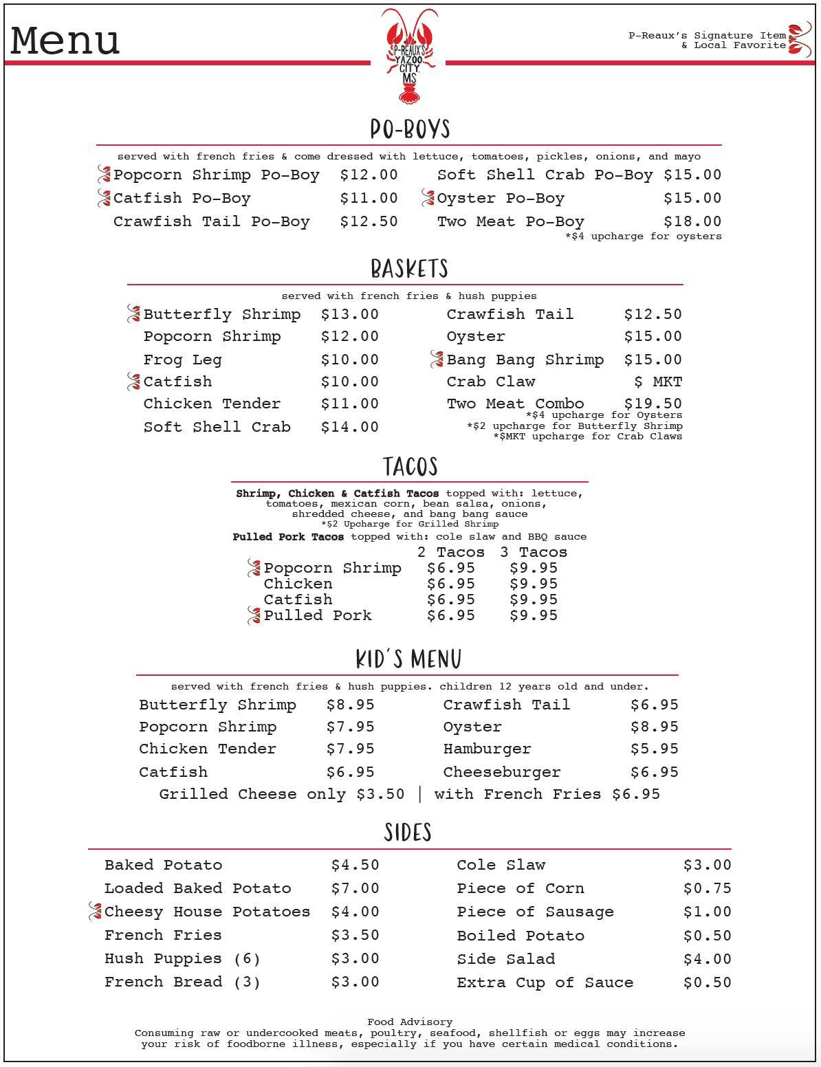 Menu at PReaux's Cajun Mudbugs restaurant, Yazoo City