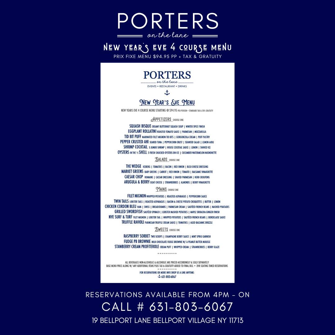 Menu at PORTERS on the lane restaurant, Bellport