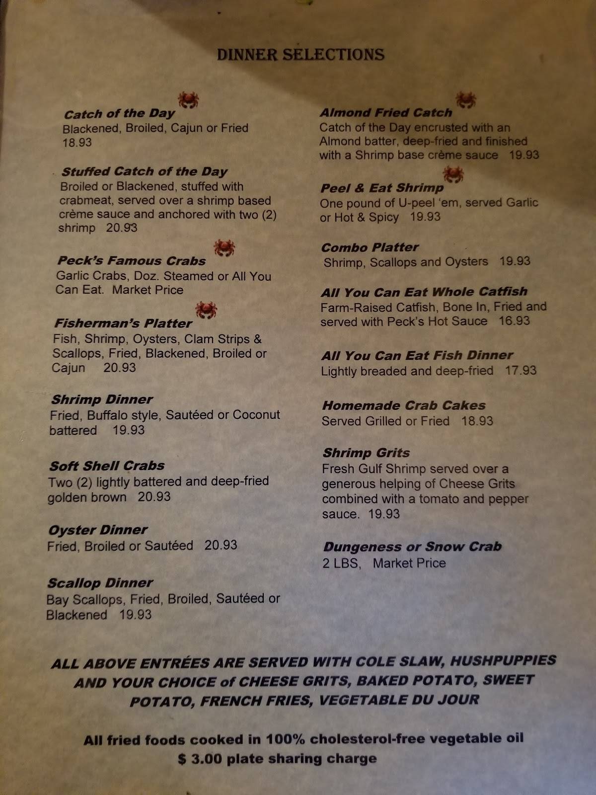 Menu at Peck's Old Port Cove restaurant, Crystal River