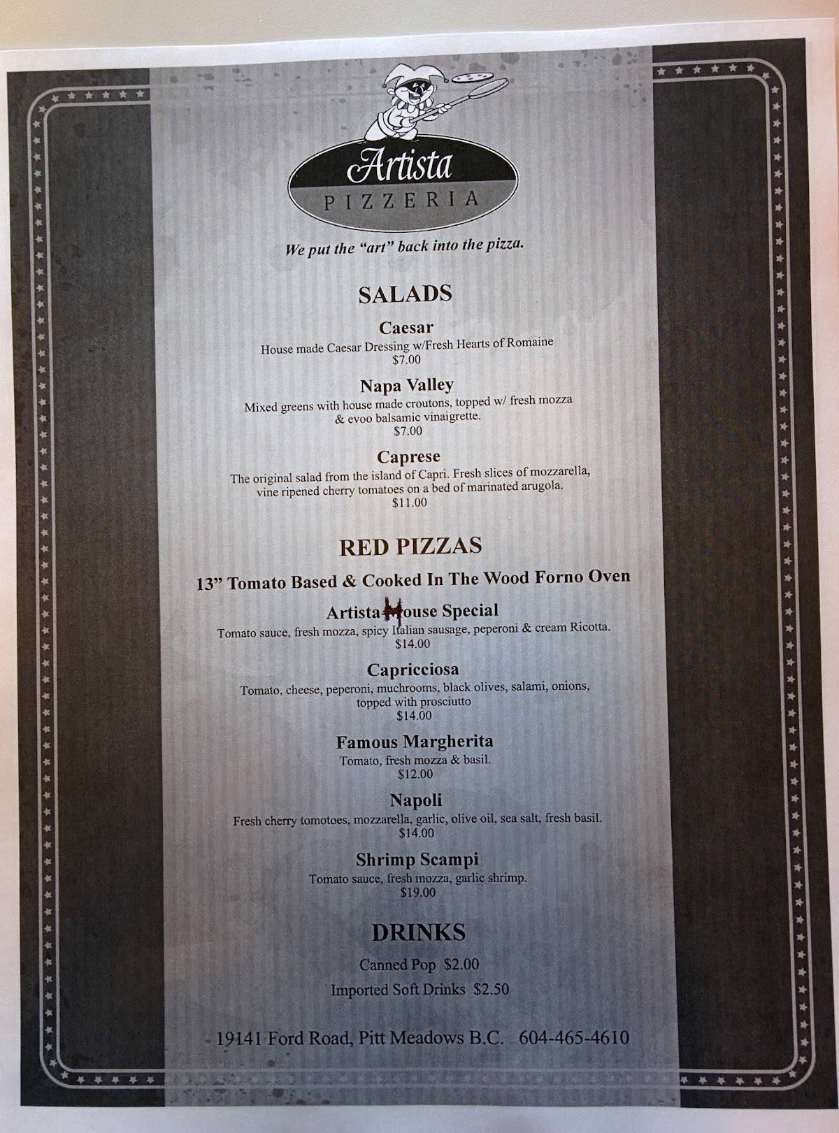 Menu at Artista Pizzeria, Pitt Meadows