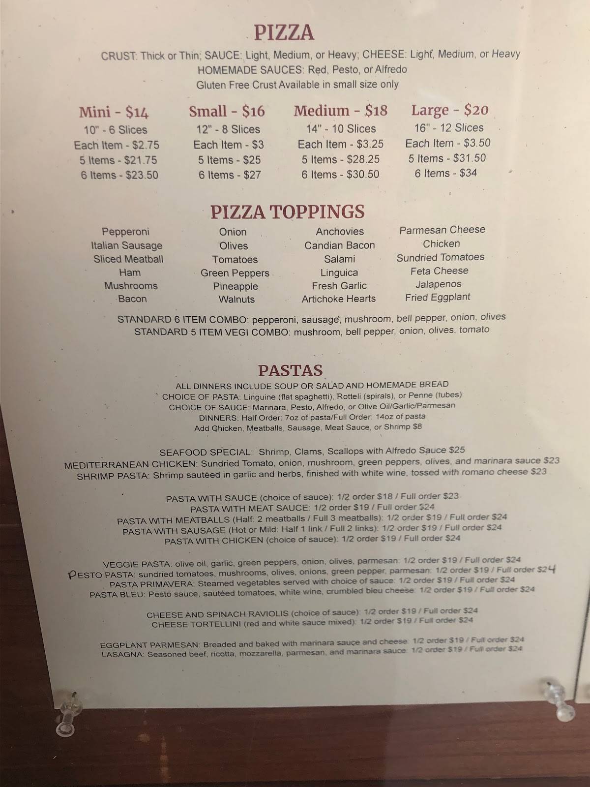 Menu at D'Aurelios pizzeria, Fort Bragg